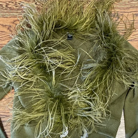 Vintage Betsy Johnson Cardigan with Marabou Feathers and a  Rhinestone Snap - Picture 2 of 8